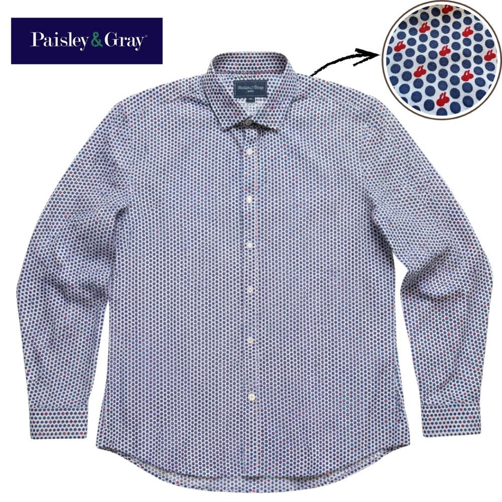 Paisley & Gray Men's Cherry Polka Dot Slim Fit Button Up Shirt Stretch | Size XL